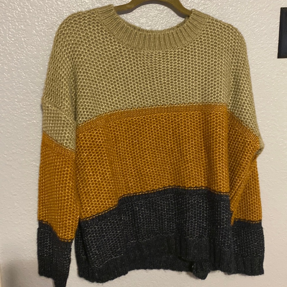 Colorblock sweater. Tan, burnt orange, and navy. Size M/L